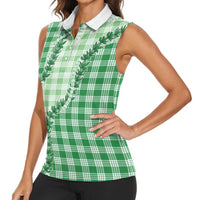 Green Hawaii Palaka Women Sleeveless Polo Shirt Hawaiian Pikake Lei