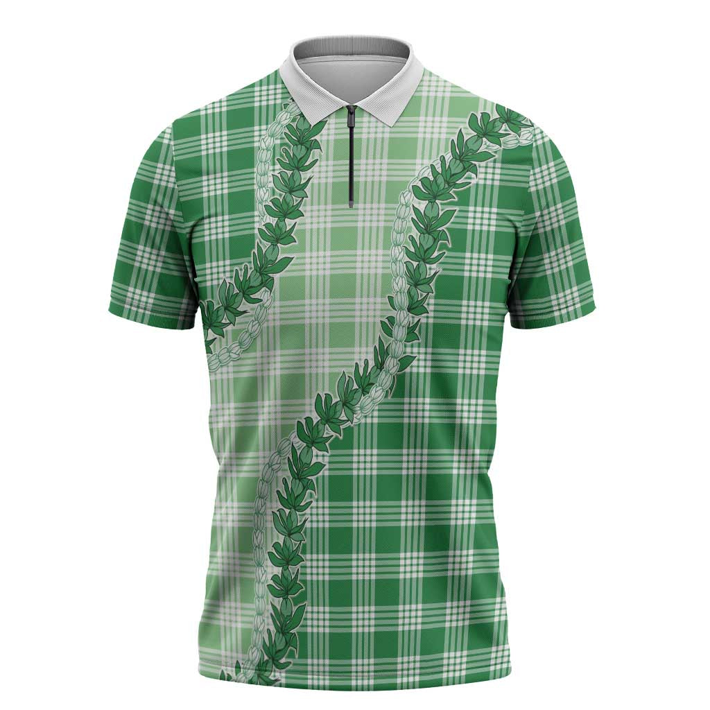 Green Hawaii Palaka Zipper Polo Shirt Hawaiian Pikake Lei