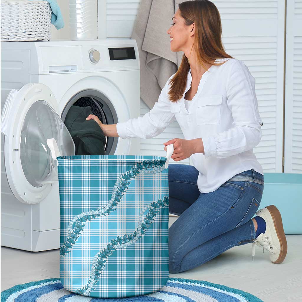 Blue Hawaii Palaka Laundry Basket Hawaiian Pikake Lei