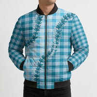 Blue Hawaii Palaka Bomber Puffer Jacket Hawaiian Pikake Lei