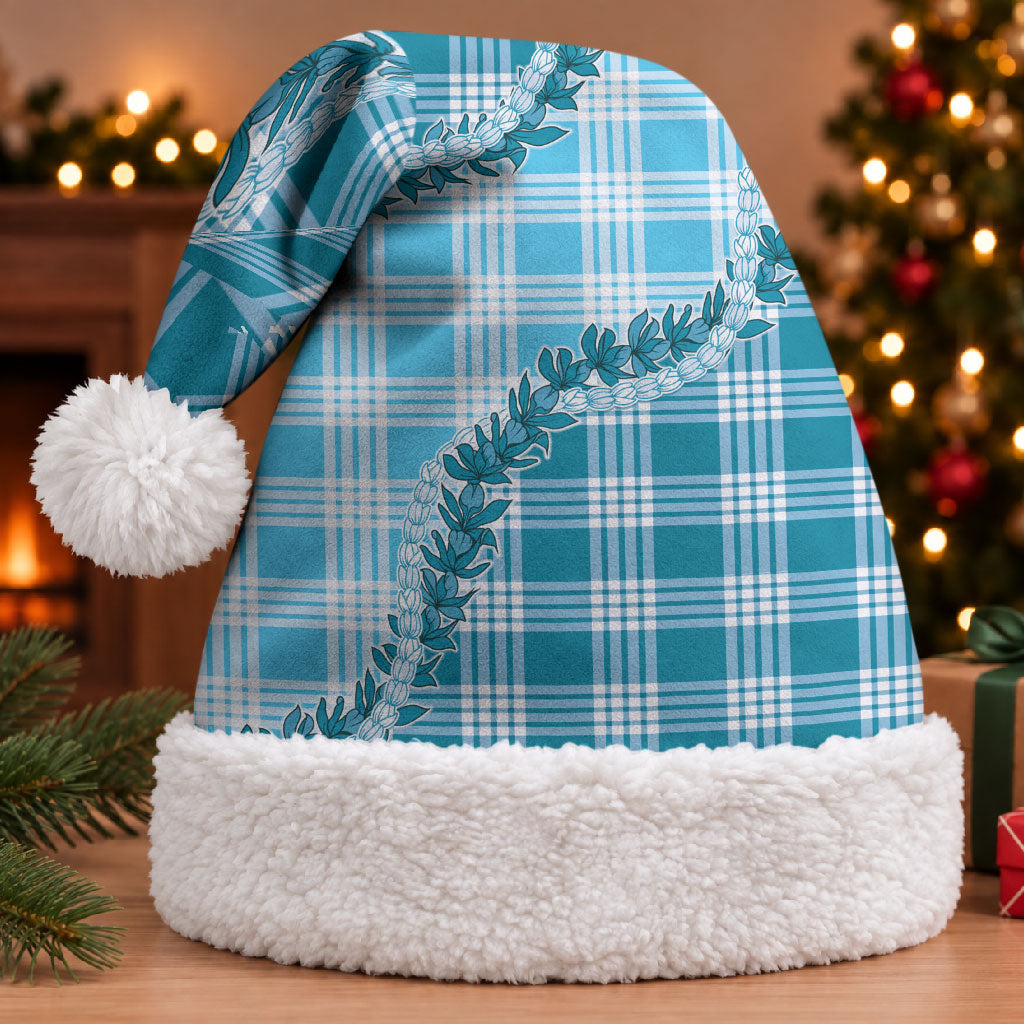 Blue Hawaii Palaka Christmas Santa Hat Hawaiian Pikake Lei LT05 With Fur Blue - Polynesian Pride