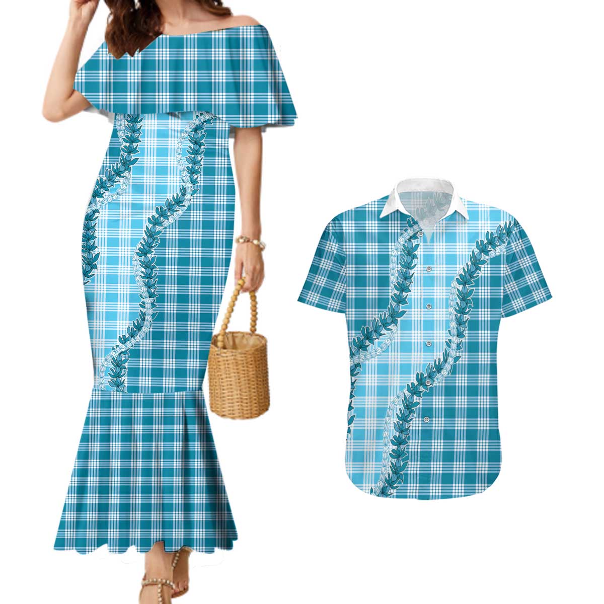 Blue Hawaii Palaka Couples Matching Mermaid Dress and Hawaiian Shirt Hawaiian Pikake Lei