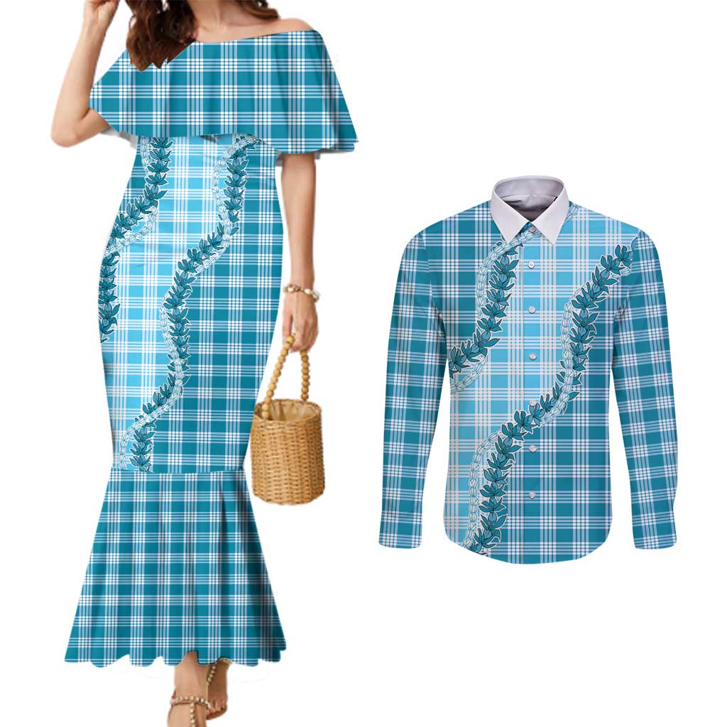 Blue Hawaii Palaka Couples Matching Mermaid Dress and Long Sleeve Button Shirt Hawaiian Pikake Lei