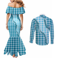 Blue Hawaii Palaka Couples Matching Mermaid Dress and Long Sleeve Button Shirt Hawaiian Pikake Lei
