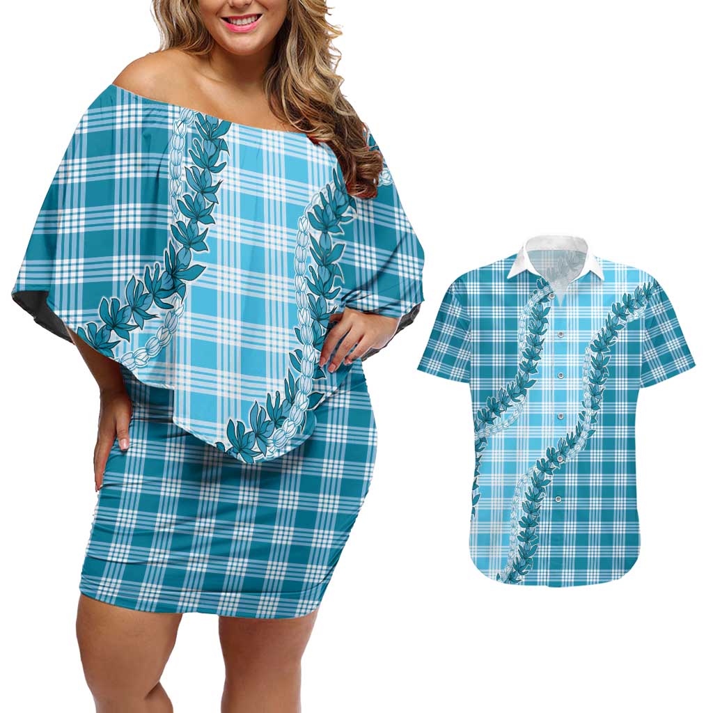 Blue Hawaii Palaka Couples Matching Off Shoulder Short Dress and Hawaiian Shirt Hawaiian Pikake Lei
