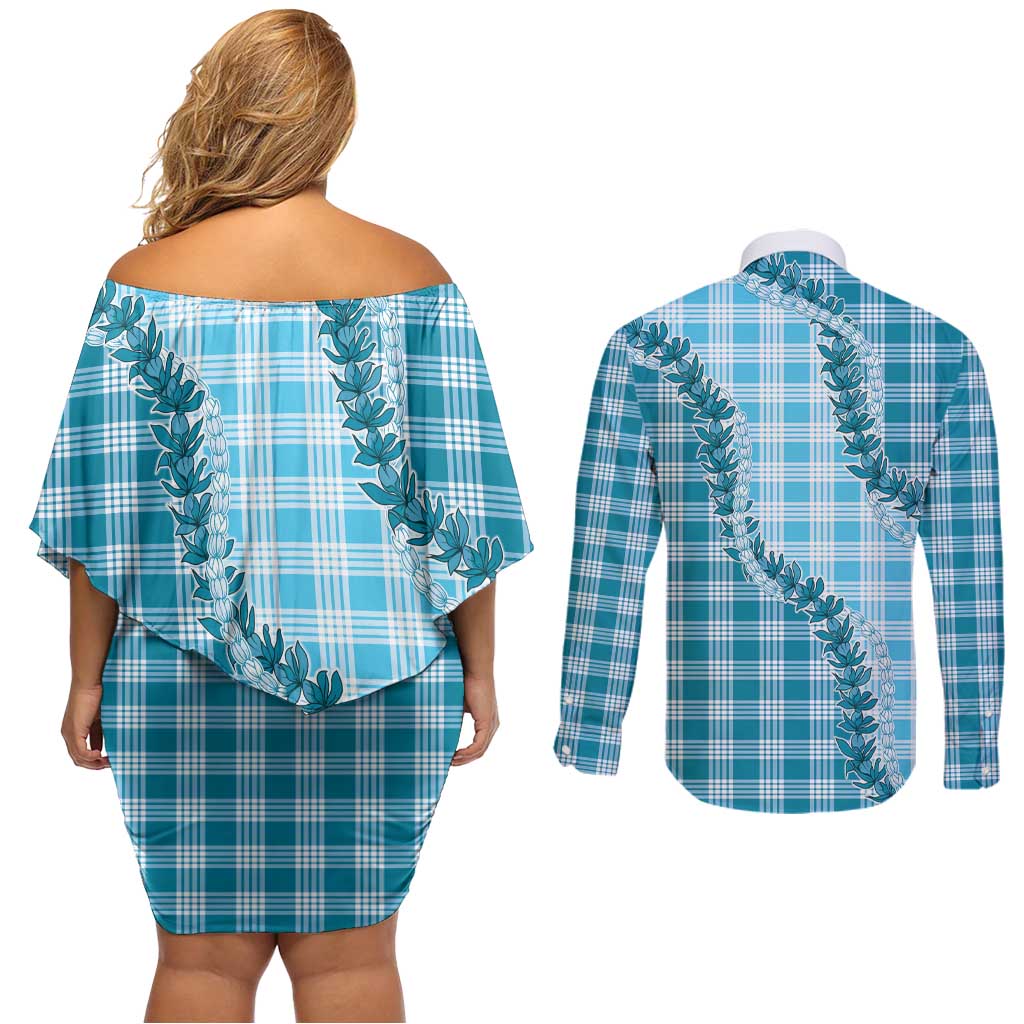 Blue Hawaii Palaka Couples Matching Off Shoulder Short Dress and Long Sleeve Button Shirt Hawaiian Pikake Lei