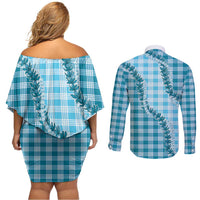 Blue Hawaii Palaka Couples Matching Off Shoulder Short Dress and Long Sleeve Button Shirt Hawaiian Pikake Lei
