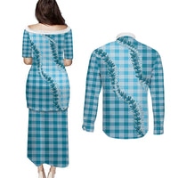 Blue Hawaii Palaka Couples Matching Puletasi and Long Sleeve Button Shirt Hawaiian Pikake Lei