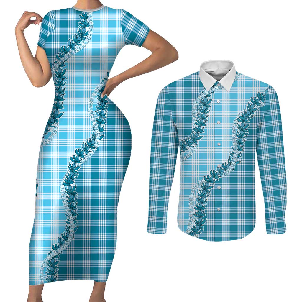 Blue Hawaii Palaka Couples Matching Short Sleeve Bodycon Dress and Long Sleeve Button Shirt Hawaiian Pikake Lei