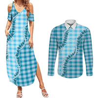 Blue Hawaii Palaka Couples Matching Summer Maxi Dress and Long Sleeve Button Shirt Hawaiian Pikake Lei