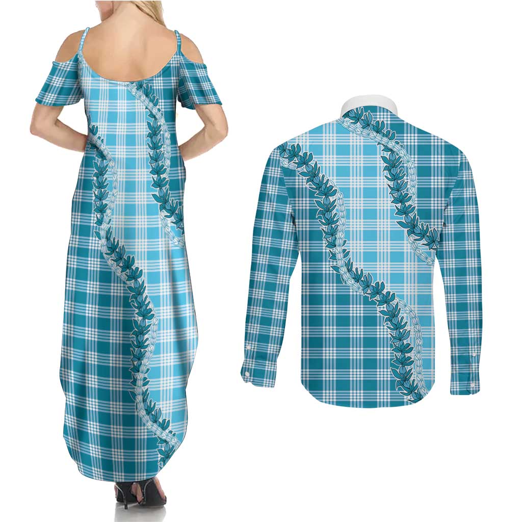 Blue Hawaii Palaka Couples Matching Summer Maxi Dress and Long Sleeve Button Shirt Hawaiian Pikake Lei