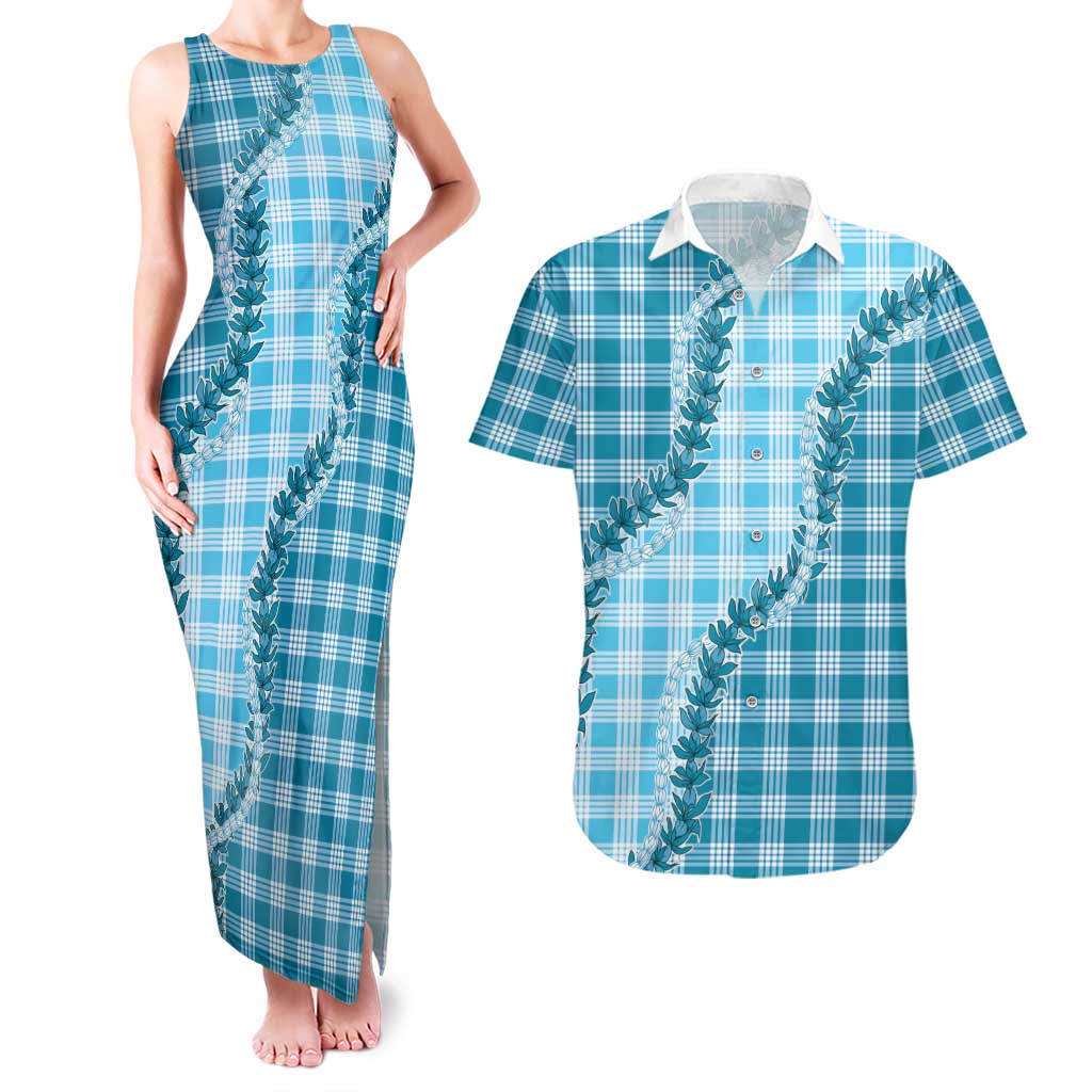 Blue Hawaii Palaka Couples Matching Tank Maxi Dress and Hawaiian Shirt Hawaiian Pikake Lei