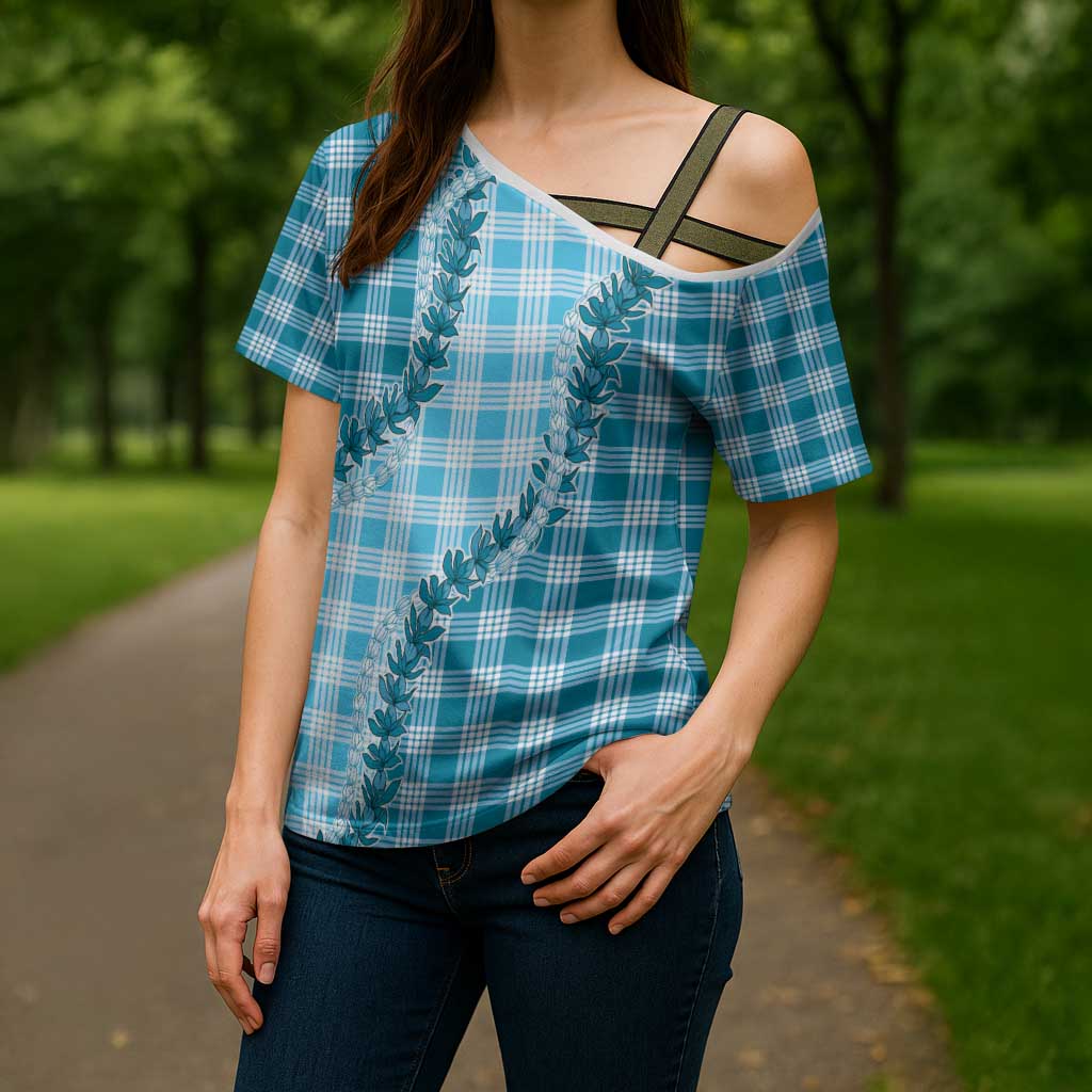 Blue Hawaii Palaka Cross Shoulder Shirt Hawaiian Pikake Lei