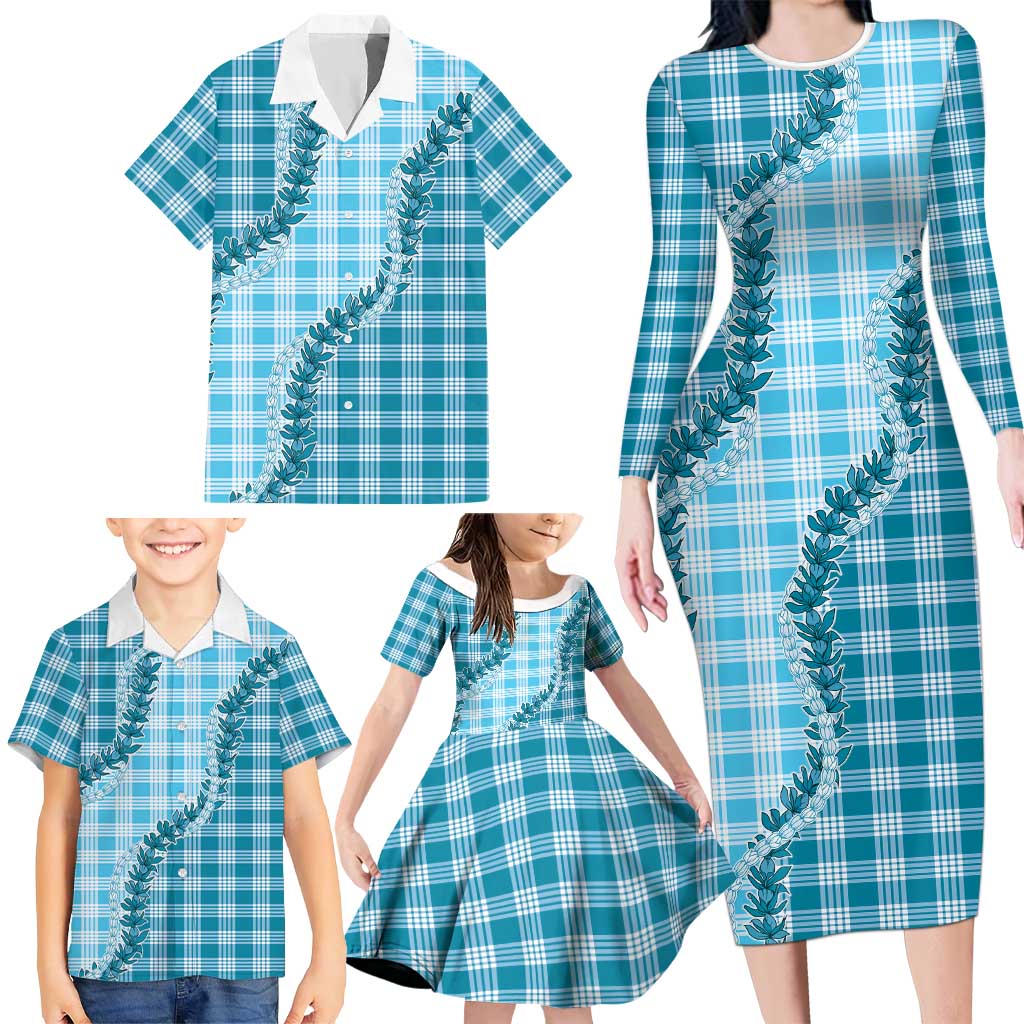 Blue Hawaii Palaka Family Matching Long Sleeve Bodycon Dress and Hawaiian Shirt Hawaiian Pikake Lei LT05 - Polynesian Pride
