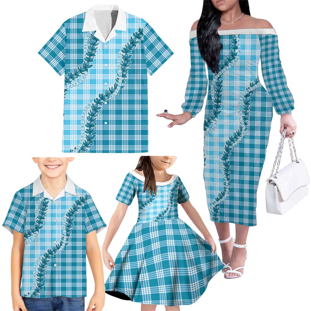 Blue Hawaii Palaka Family Matching Off The Shoulder Long Sleeve Dress and Hawaiian Shirt Hawaiian Pikake Lei LT05 - Polynesian Pride