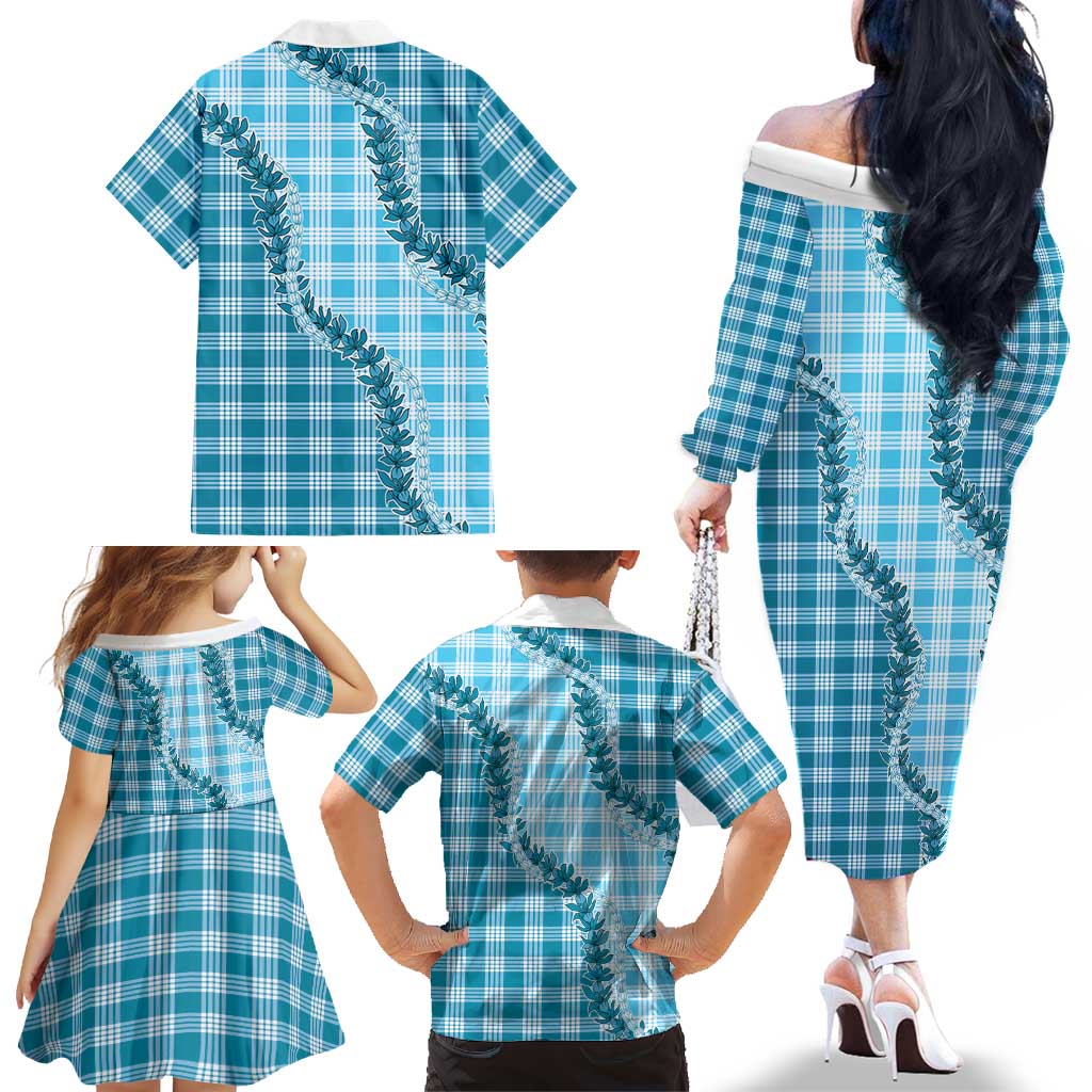 Blue Hawaii Palaka Family Matching Off The Shoulder Long Sleeve Dress and Hawaiian Shirt Hawaiian Pikake Lei LT05 - Polynesian Pride
