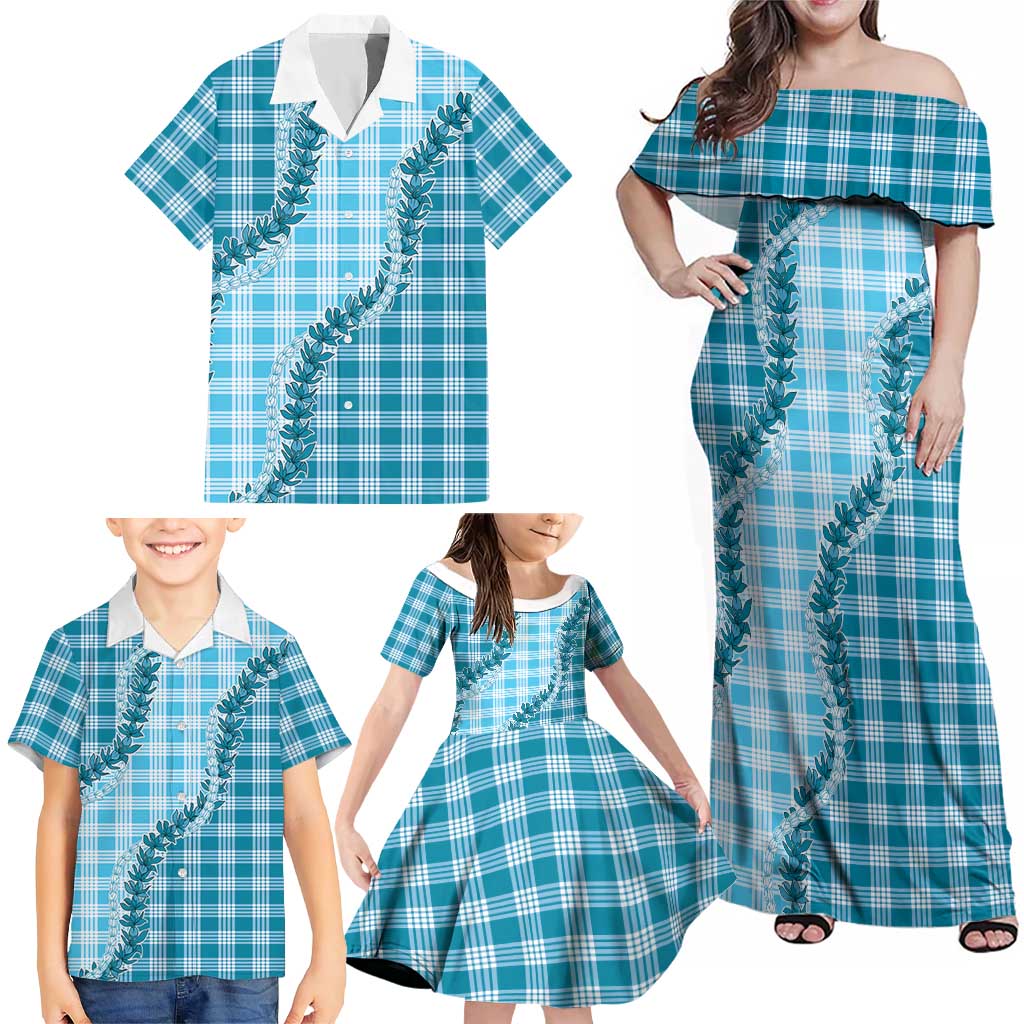 Blue Hawaii Palaka Family Matching Off Shoulder Maxi Dress and Hawaiian Shirt Hawaiian Pikake Lei