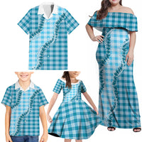 Blue Hawaii Palaka Family Matching Off Shoulder Maxi Dress and Hawaiian Shirt Hawaiian Pikake Lei