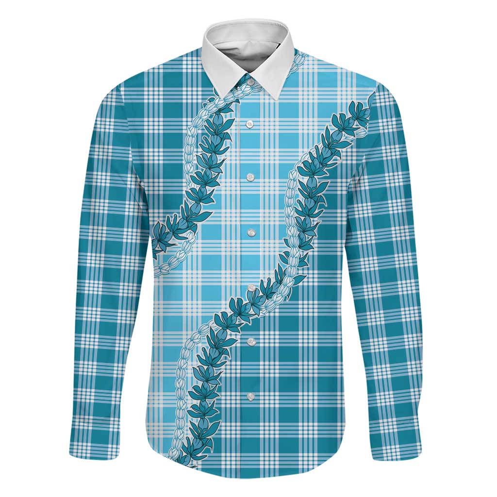 Blue Hawaii Palaka Family Matching Puletasi and Hawaiian Shirt Hawaiian Pikake Lei LT05 Dad's Shirt - Long Sleeve Blue - Polynesian Pride