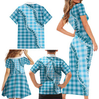 Blue Hawaii Palaka Family Matching Short Sleeve Bodycon Dress and Hawaiian Shirt Hawaiian Pikake Lei LT05 - Polynesian Pride