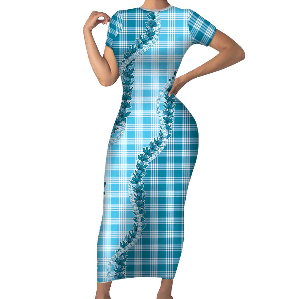 Blue Hawaii Palaka Family Matching Short Sleeve Bodycon Dress and Hawaiian Shirt Hawaiian Pikake Lei LT05 Mom's Dress Blue - Polynesian Pride
