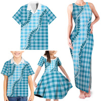 Blue Hawaii Palaka Family Matching Tank Maxi Dress and Hawaiian Shirt Hawaiian Pikake Lei