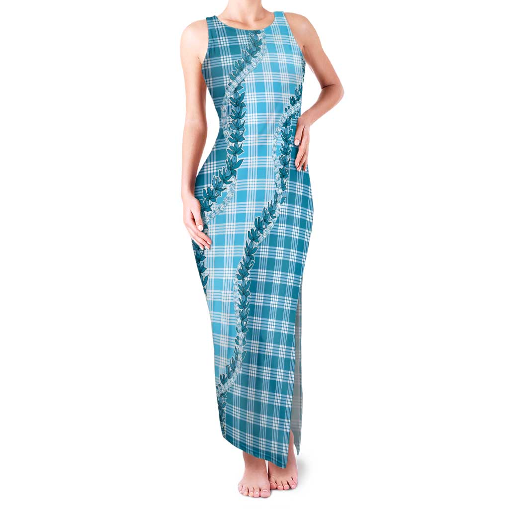Blue Hawaii Palaka Family Matching Tank Maxi Dress and Hawaiian Shirt Hawaiian Pikake Lei