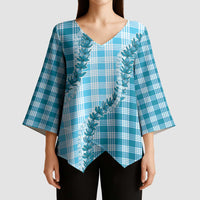 Blue Hawaii Palaka Kimono Sleeve Blouse Hawaiian Pikake Lei