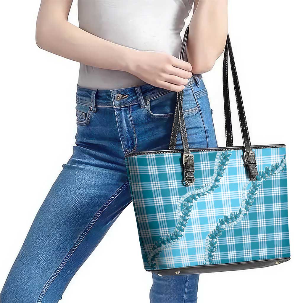 Blue Hawaii Palaka Leather Tote Bag Hawaiian Pikake Lei