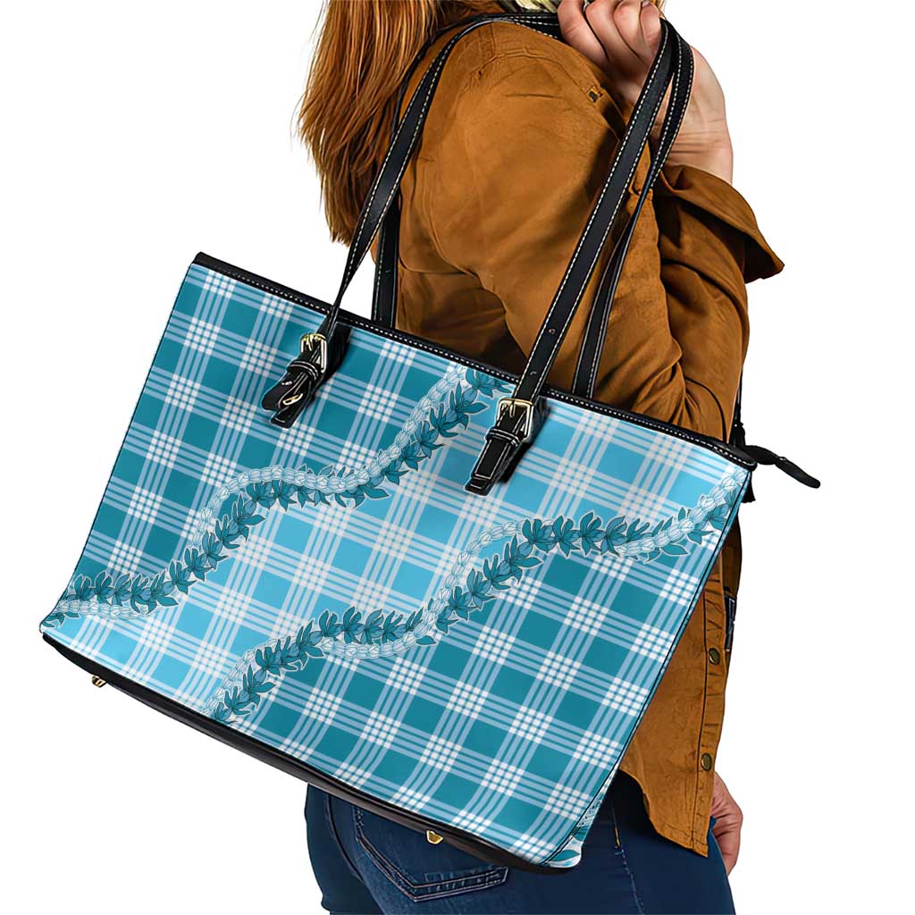 Blue Hawaii Palaka Leather Tote Bag Hawaiian Pikake Lei