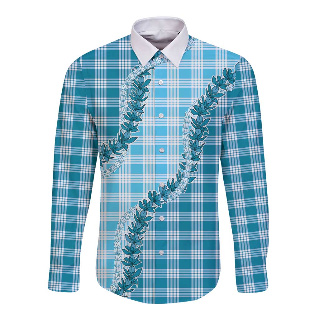 Blue Hawaii Palaka Long Sleeve Button Shirt Hawaiian Pikake Lei