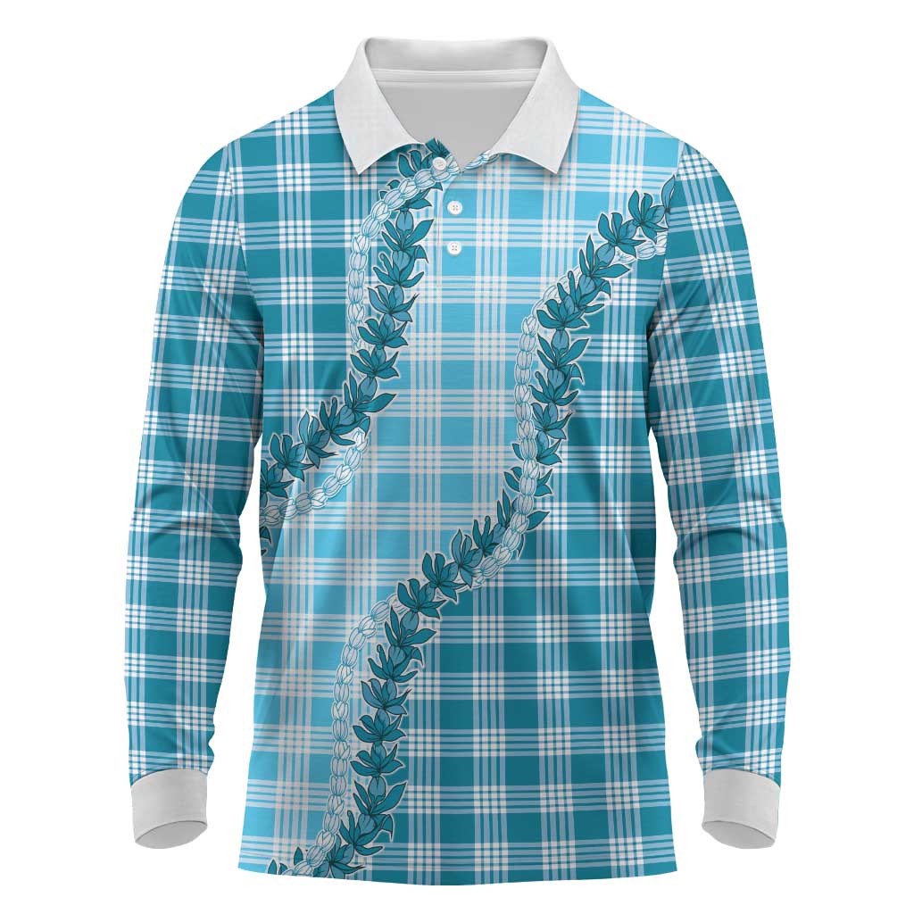 Blue Hawaii Palaka Long Sleeve Polo Shirt Hawaiian Pikake Lei
