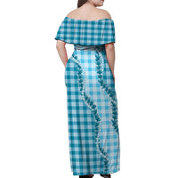 Blue Hawaii Palaka Off Shoulder Maxi Dress Hawaiian Pikake Lei