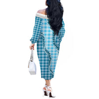 Blue Hawaii Palaka Off The Shoulder Long Sleeve Dress Hawaiian Pikake Lei