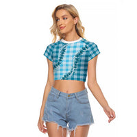 Blue Hawaii Palaka Raglan Cropped T Shirt Hawaiian Pikake Lei