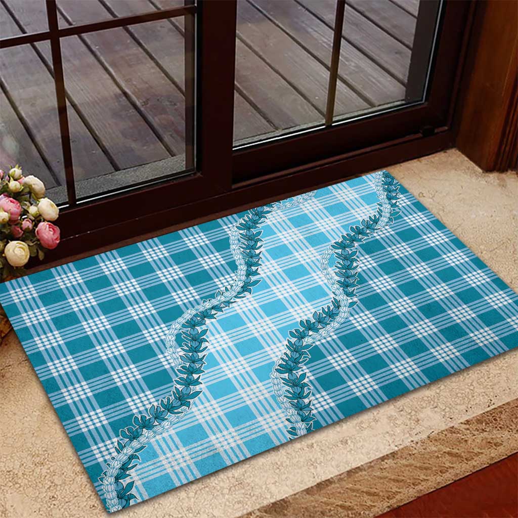Blue Hawaii Palaka Rubber Doormat Hawaiian Pikake Lei