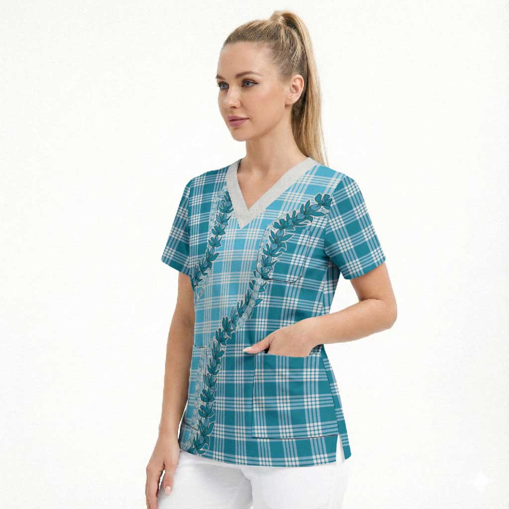 Blue Hawaii Palaka Scrub Top Hawaiian Pikake Lei