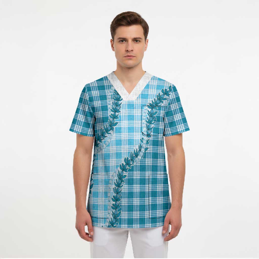 Blue Hawaii Palaka Scrub Top Hawaiian Pikake Lei
