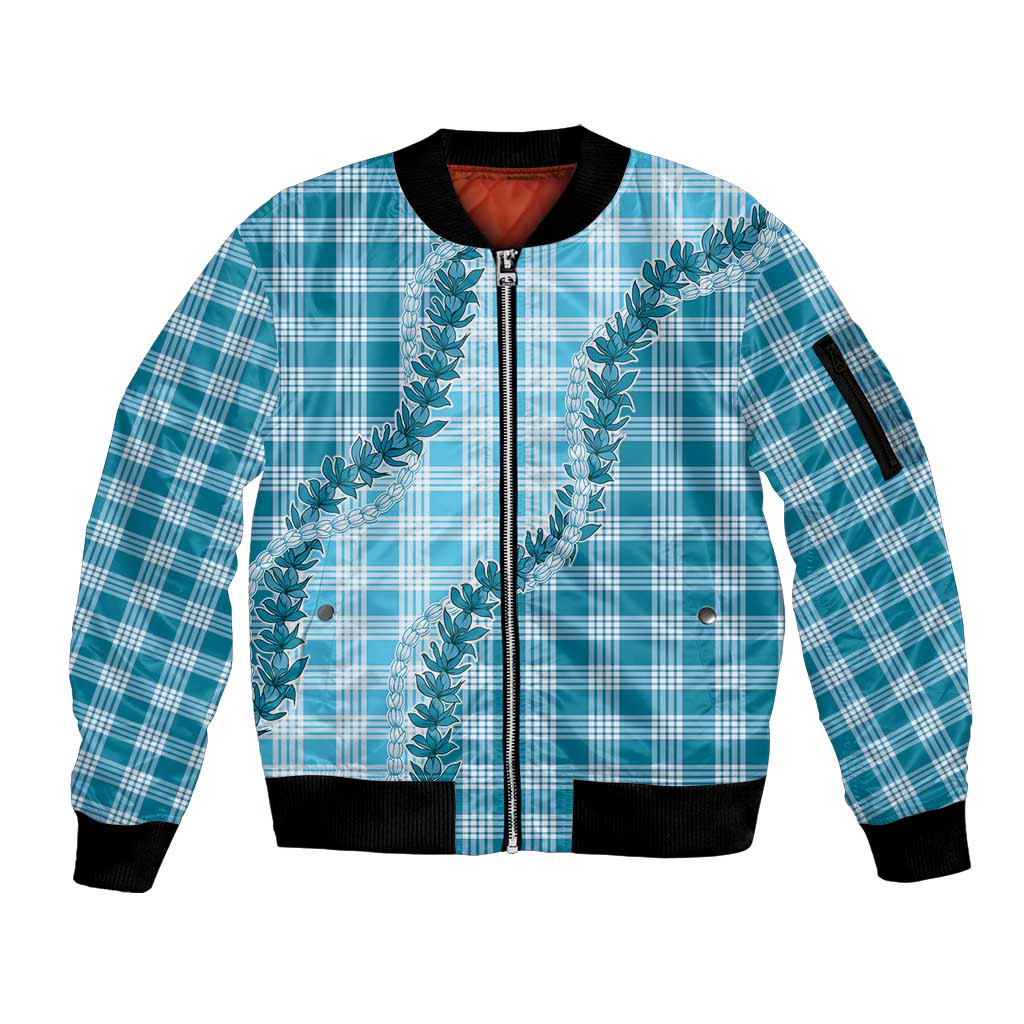 Blue Hawaii Palaka Sleeve Zip Bomber Jacket Hawaiian Pikake Lei