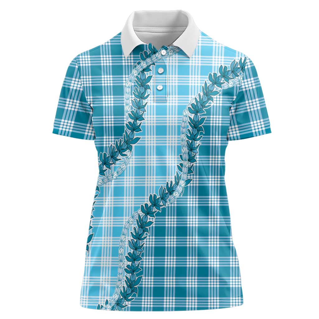 Blue Hawaii Palaka Women Polo Shirt Hawaiian Pikake Lei