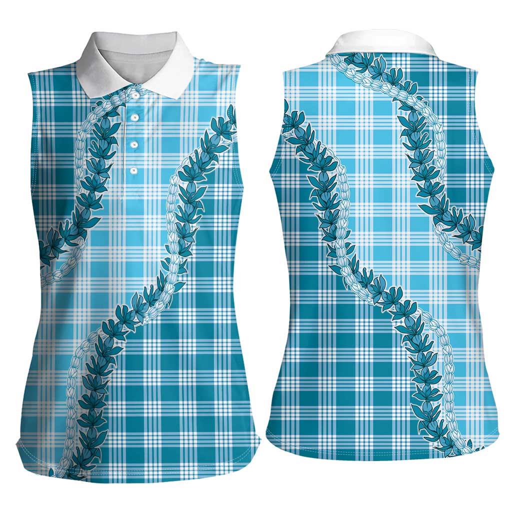 Blue Hawaii Palaka Women Sleeveless Polo Shirt Hawaiian Pikake Lei