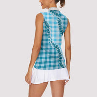 Blue Hawaii Palaka Women Sleeveless Polo Shirt Hawaiian Pikake Lei
