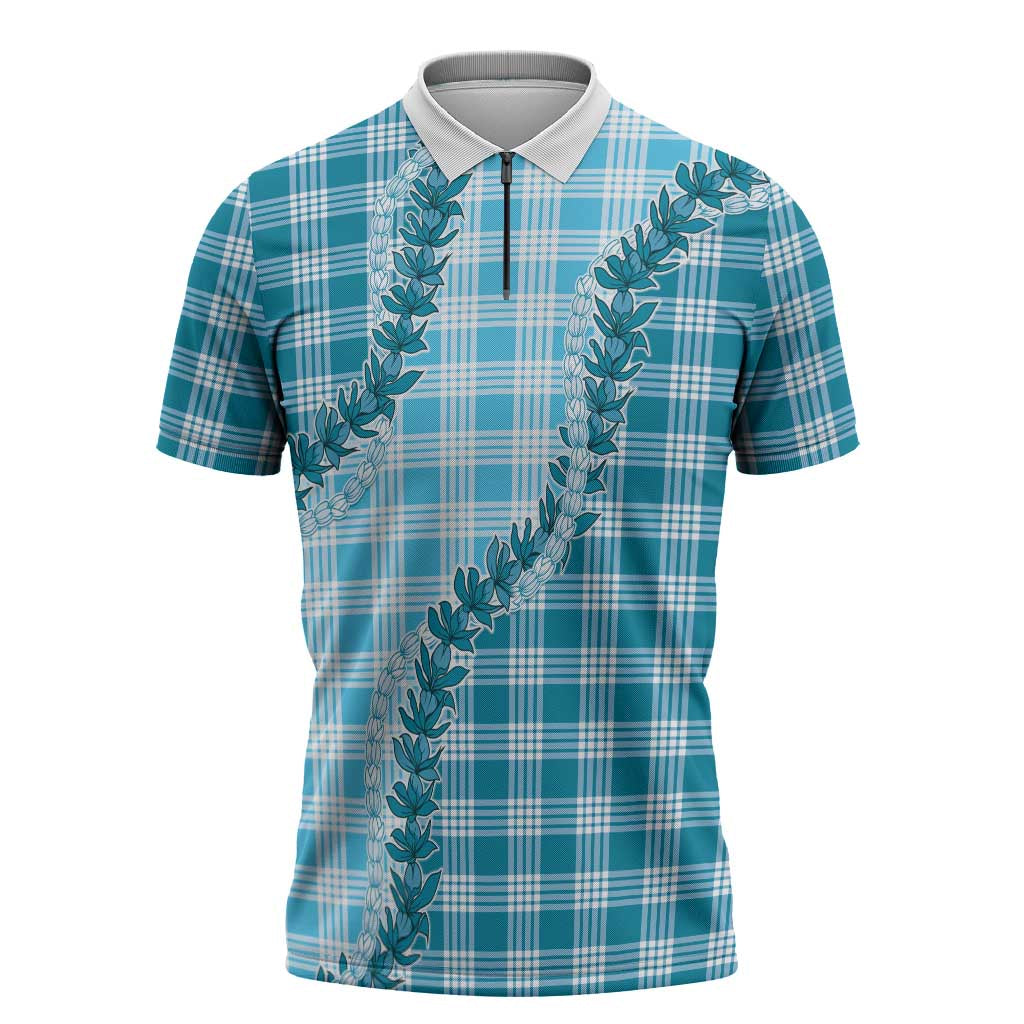 Blue Hawaii Palaka Zipper Polo Shirt Hawaiian Pikake Lei