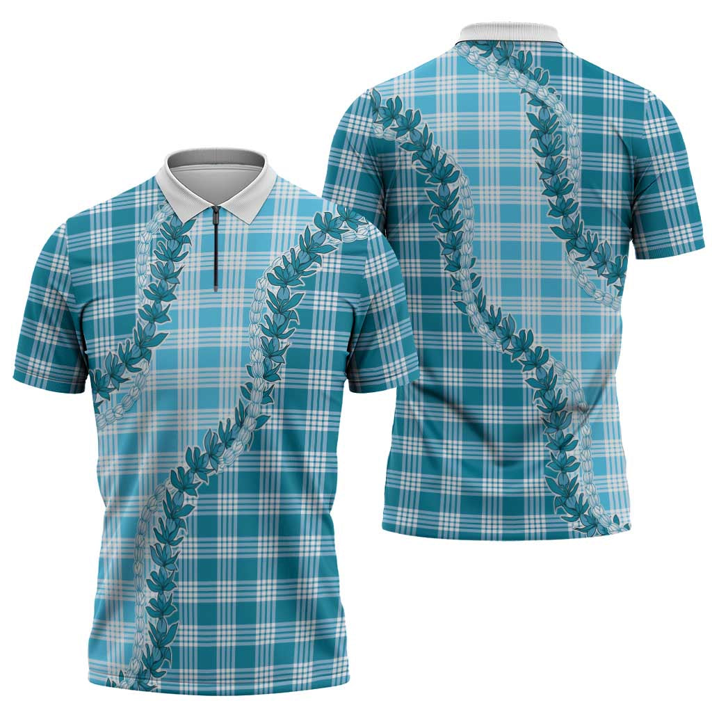 Blue Hawaii Palaka Zipper Polo Shirt Hawaiian Pikake Lei