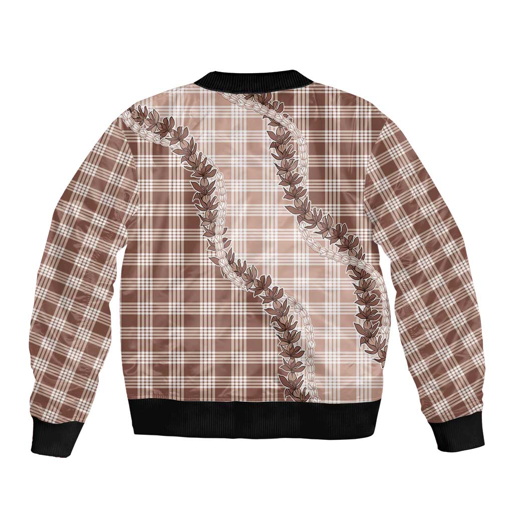 Beige Hawaii Palaka Bomber Jacket Hawaiian Pikake Lei