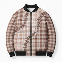 Beige Hawaii Palaka Bomber Puffer Jacket Hawaiian Pikake Lei