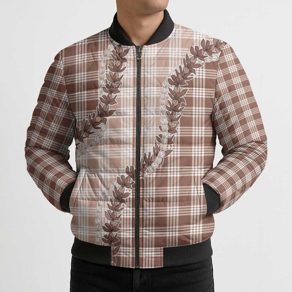 Beige Hawaii Palaka Bomber Puffer Jacket Hawaiian Pikake Lei
