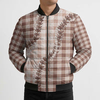 Beige Hawaii Palaka Bomber Puffer Jacket Hawaiian Pikake Lei