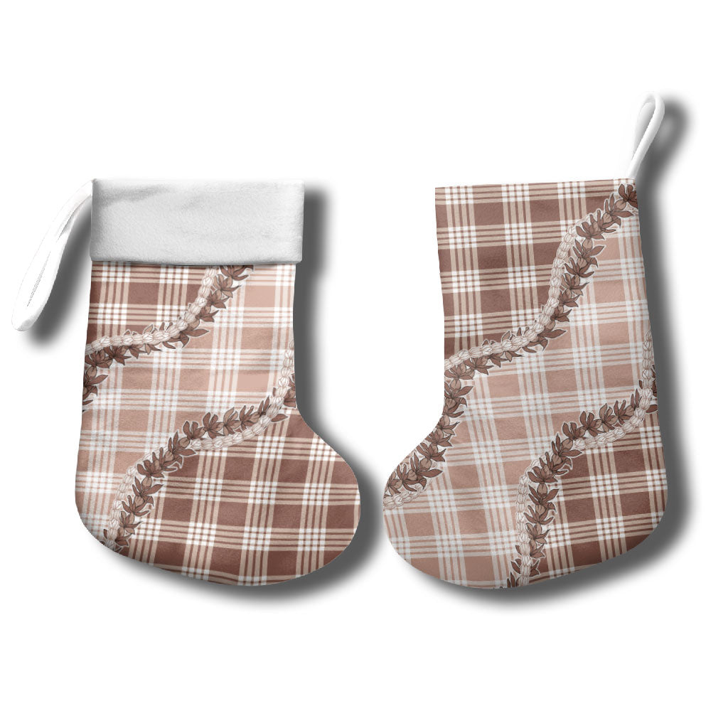 Beige Hawaii Palaka Christmas Stocking Hawaiian Pikake Lei LT05 - Polynesian Pride