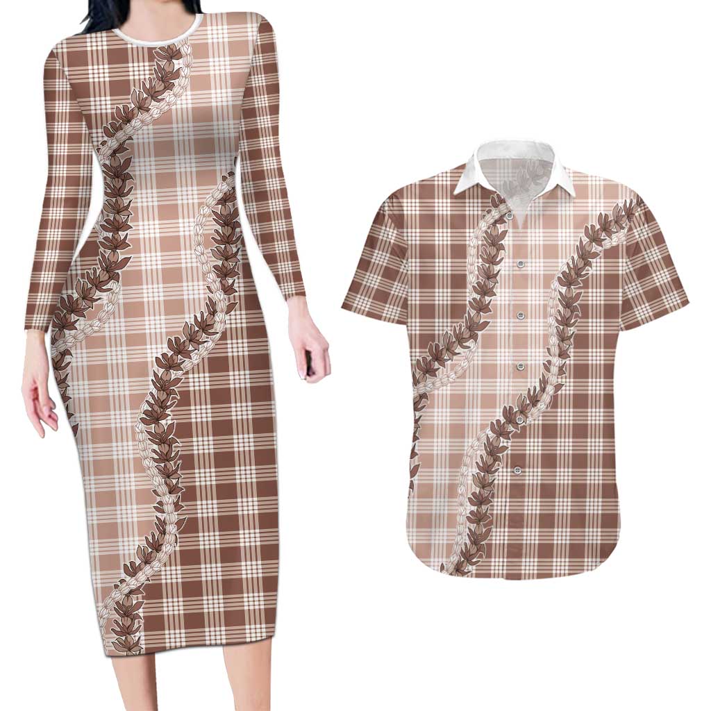 Beige Hawaii Palaka Couples Matching Long Sleeve Bodycon Dress and Hawaiian Shirt Hawaiian Pikake Lei